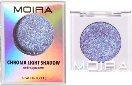 Holographic blue eyeshadow in a round container, with a shiny holographic box showing the brand Moira.
