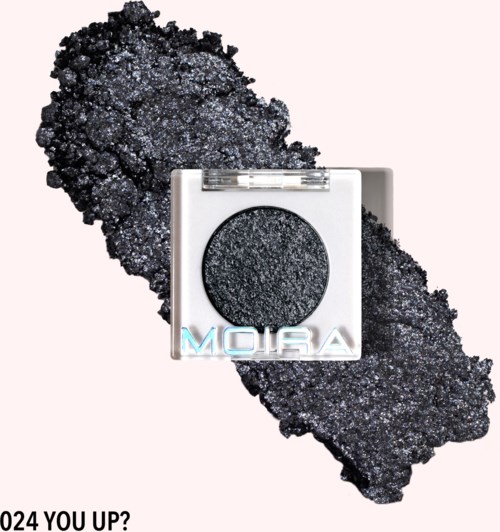 Black eyeshadow with a shimmer, in a case labeled 'MOIRA', on a pink background.