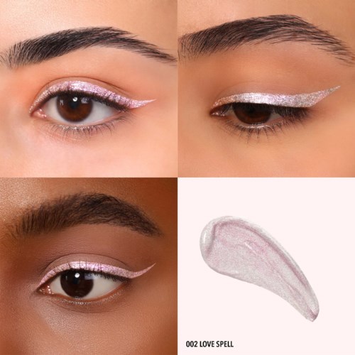 Ögon med rosa och silvrig glitterögonmakeup, stilfull eyeliner och ögonbrynsdetaljer. En makeupprodukt visas också.
