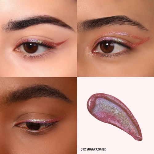 Tre personer har färggjord, glittrig ögonmakup med rosa och glitterdetaljer. En bild visar stängda ögon, en annan öppna, och en tredje med makeup. Det finns också en makeupprodukt som heter 'Sugar Coated' i en rosa, glittrig gel.