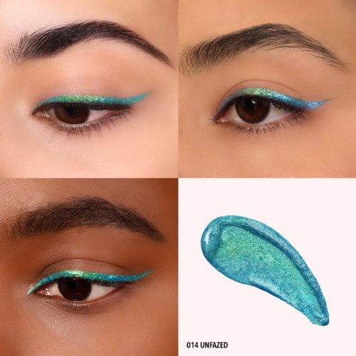 Fyra bilder visar olika ögonmakeup-stilar med glittrig turkos och blå eyeliner. Inkluderar ett färgsplittring av makeupfärgen.