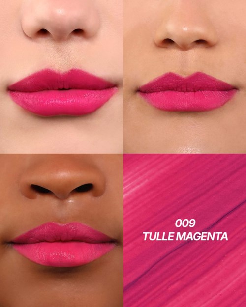 Images showing lips with pink lipstick in different lighting, along with the lipstick color name Tulle Magenta.