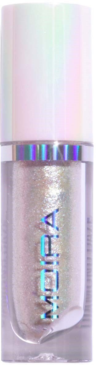 A clear nail polish bottle with shiny, glittery contents and a white cap. Brand name visible on the bottle.