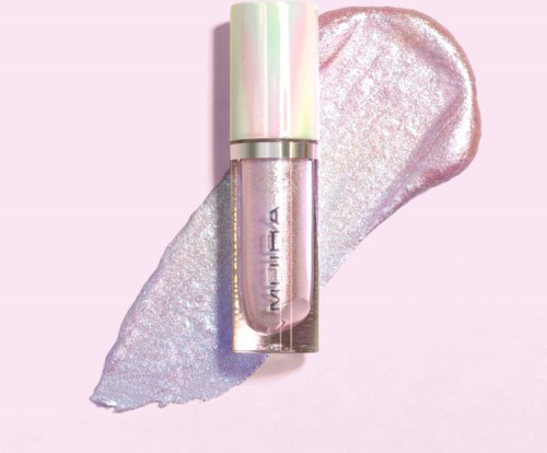 A tube of shimmery lip gloss on a pink background with shiny, iridescent swatch.