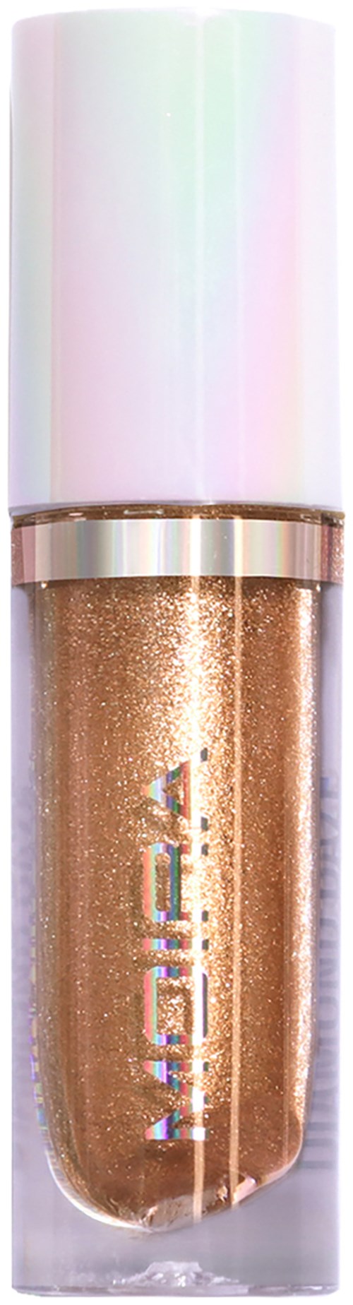 A shiny gold liquid eyeshadow in a clear tube with a holographic cap.