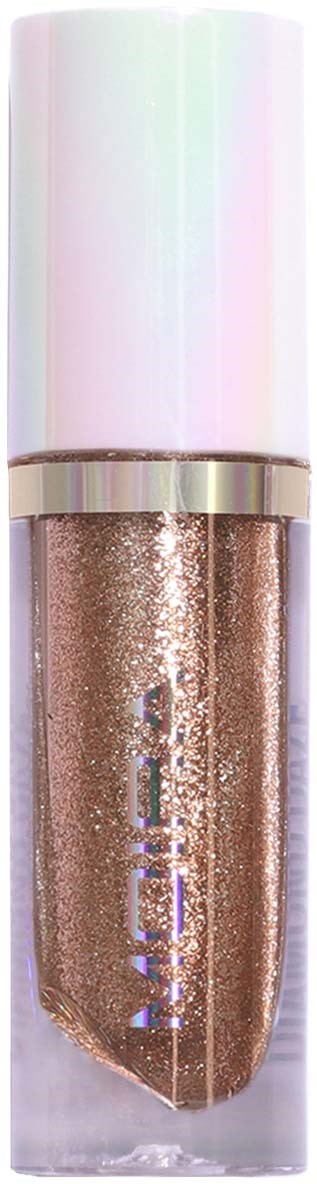 A tube of rose gold glitter lip gloss with a holographic cap. The brand name is on the tube.