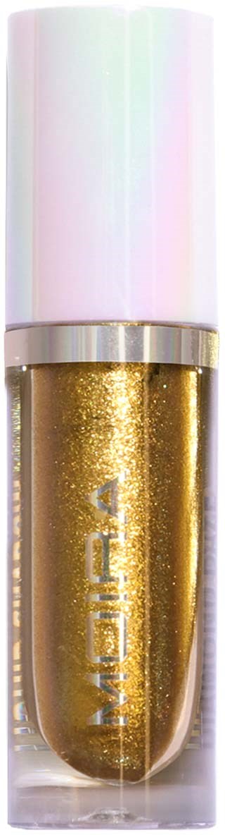 A small jar of shiny gold nail polish with a white and holographic cap.
