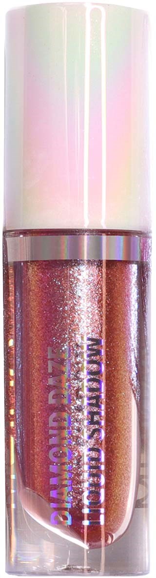 A small bottle of pinkish glittery nail polish with a shiny white cap.