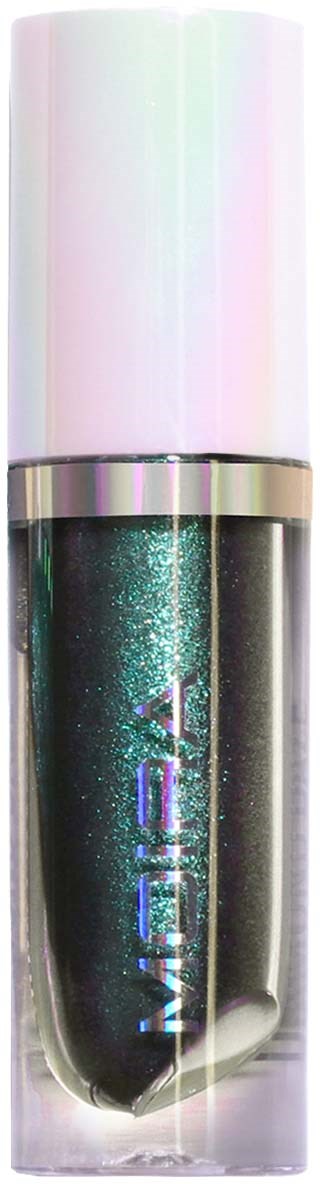 A shiny nail polish bottle with a black glittery color and an iridescent white cap.