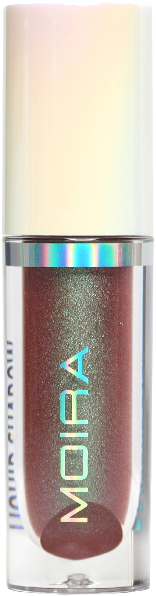 A lip gloss tube with a shiny, metallic cap and dark, shimmery gloss inside.