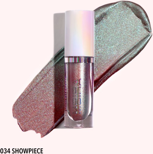 Lip gloss in a clear container with a shiny, shimmery, purple color, placed on a glittery, holographic background.