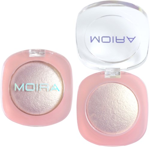 Two compact powders and one open container with transparent lid are shown, all with pink cases and shiny surfaces.
