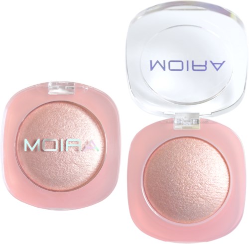 Two pink makeup compacts with shiny powder, one open and one closed, with a clear lid showing the brand MOIRA.