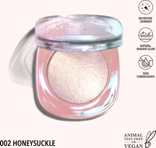 A pink and clear cushion with shimmer, highlighting features like microfine shimmer, natural glow, and animal cruelty-free logo.
