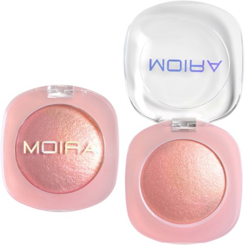 Two pink compact makeup products, one with a mirror, and golden text reading "MOIRA".