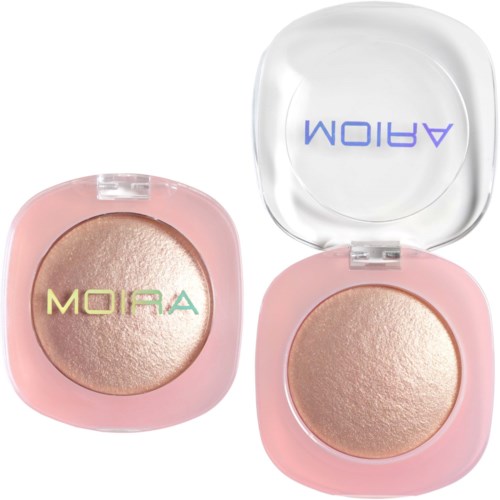 Two makeup highlighters in pink containers, one open showing a shimmery surface, the other closed with a logo.