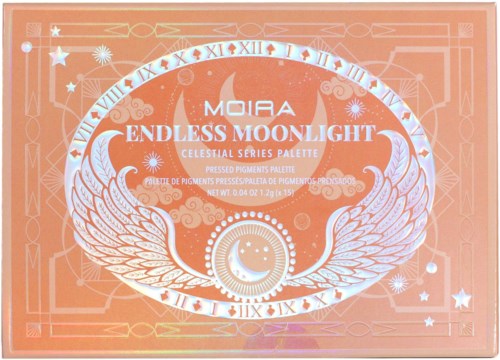 A packaging box for MOIRA Endless Moonlight celestial palette with wings and moon illustrations on peach background.