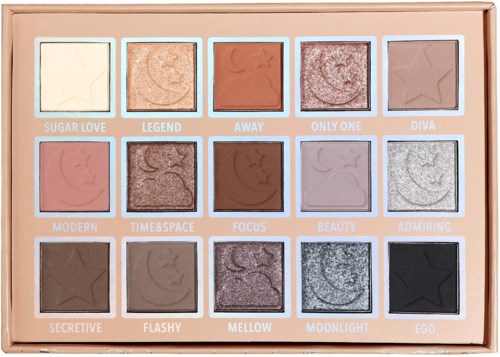 A palette with 16 eyeshadows in various shades from light to dark, some with shimmer, names written under each.
