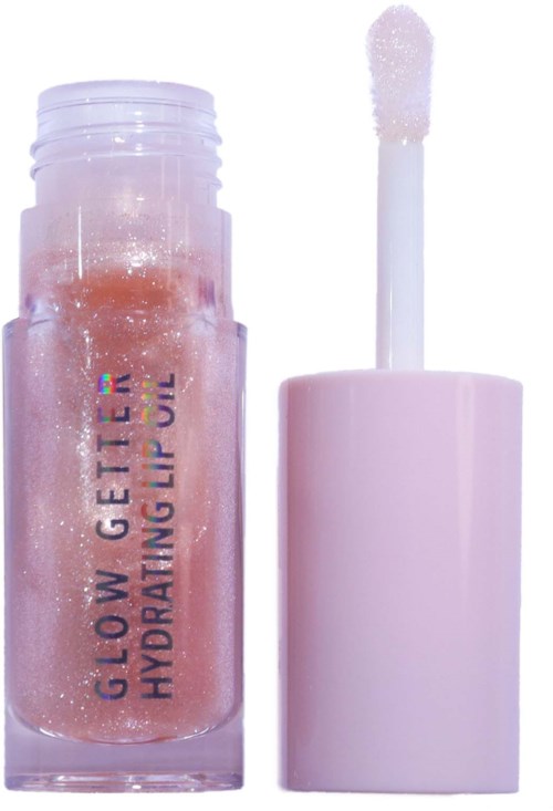 Lip gloss with a pink shimmery color and a matching light pink cap and wand.