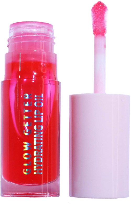 Pink lip gloss with a shiny cap and a wand applicator. The gloss is bright and glossy.