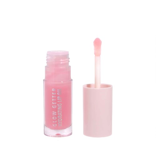 A small pink lip gloss container with a wand applicator showing gloss inside.