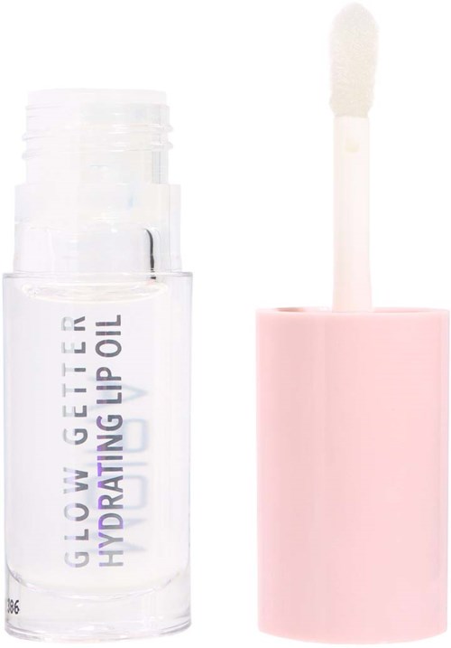 A clear bottle of hydrating lip oil with a pink cap and applicator.