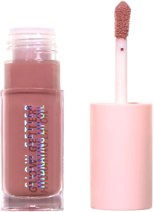 A pink lip gloss tube with an open cap and a wand applicator attached.