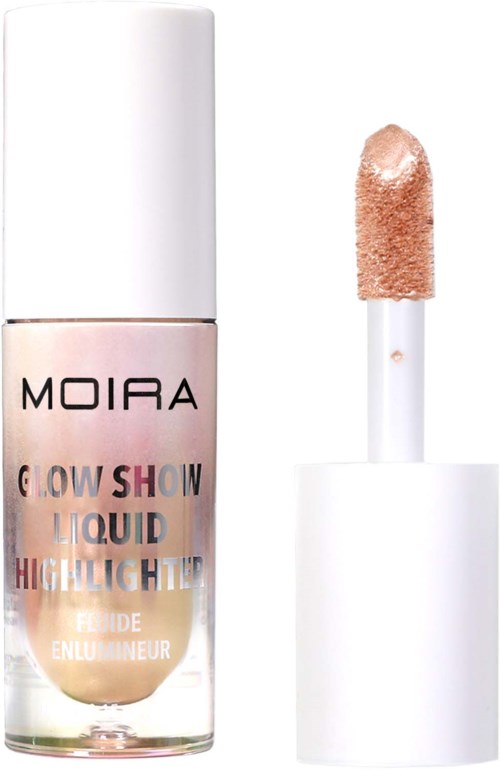 Nestemäinen korostusväri pullo, jossa sienen applicatori ja nimi Moira Glow Show Liquid Highlighter.