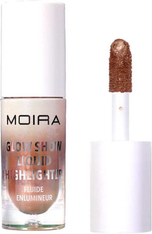 Putkilasi nestemäiselle highlighterille, merkattu 'MOIRA GLOW SHOW LIQUID HIGHLIGHTER,' sisältää sieniapplikaattorin.