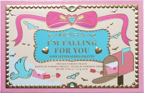 En dekorativ makeup-palett med hjärtan, rosetter och en fågel, med titeln "I'm Falling For You" i pastellfärger.