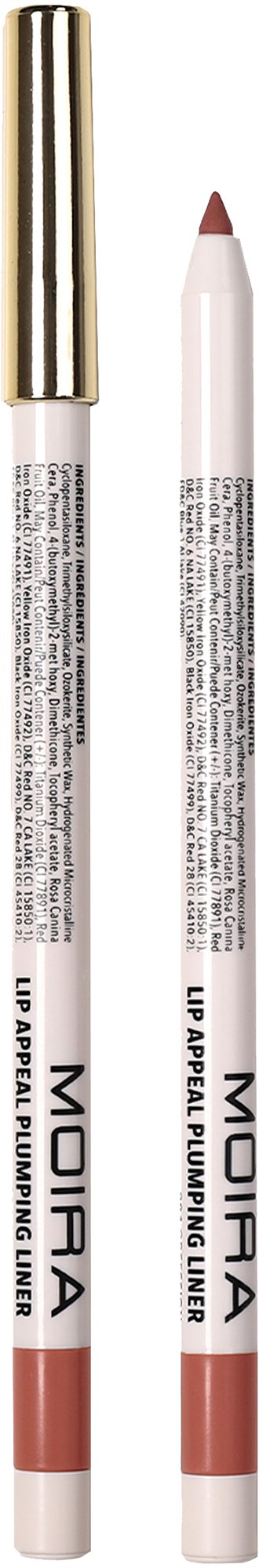 Two lip products, one with a gold cap and one with a pinkish tip, labeled 'MOIRA UP REPLAL PUMPING LINER'.