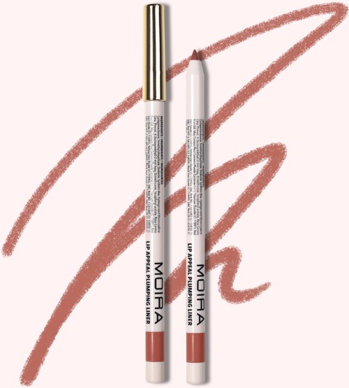 Two lip liners, one with a gold cap and one with a white cap, lie on a pink background with a brown squiggle.