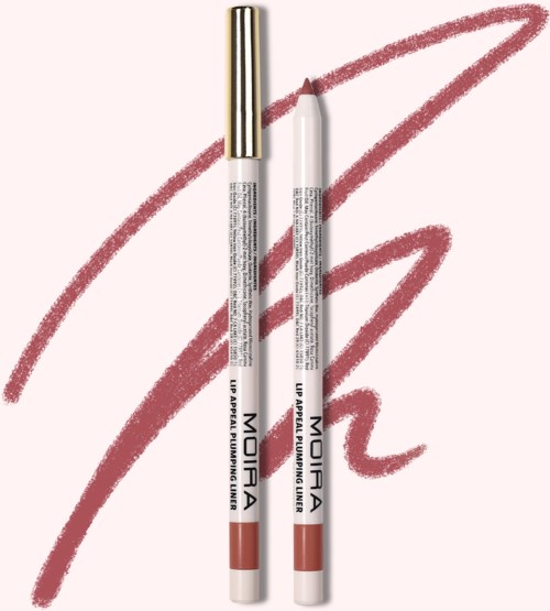Two white lip liners with gold caps, one with a red swatch behind them.