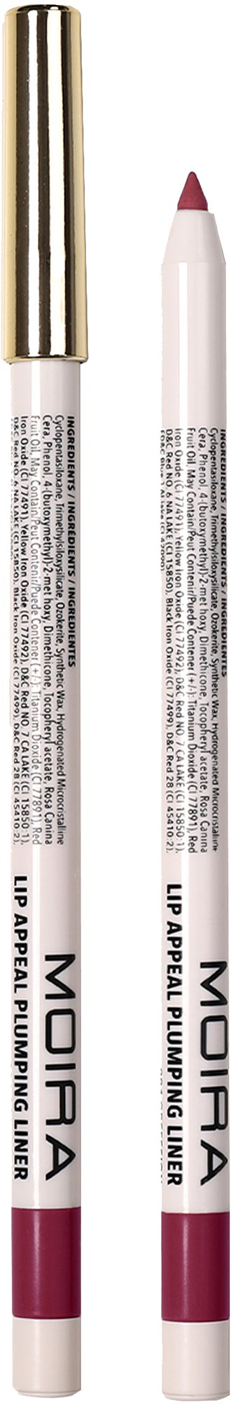 Two lip pencils, one with a cap, are white and pink with gold accents, labeled 'MORIA' and 'LIP APPEAL POUTING LINER.'