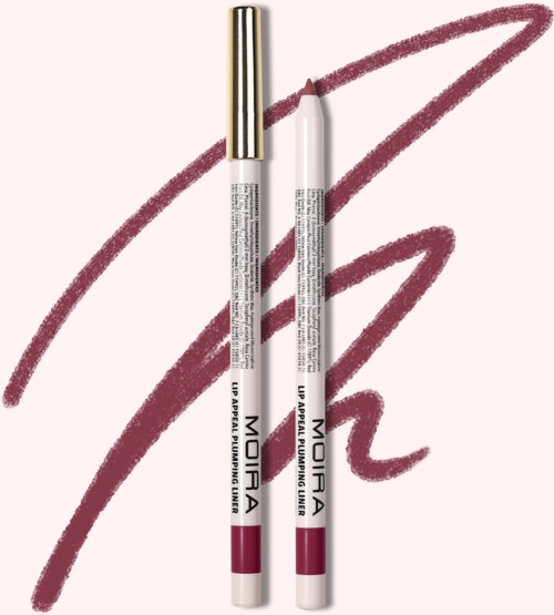 Two white and pink makeup pencils with text, placed on a pink background with pink swirls.