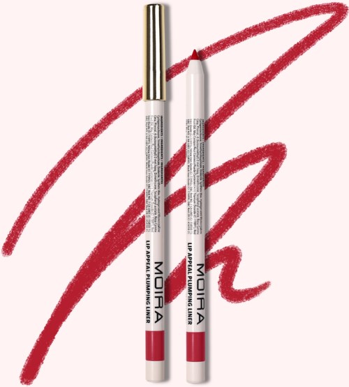 Two makeup pencils, one with a gold cap, lie on a pink background with a red draw and a squiggly line.