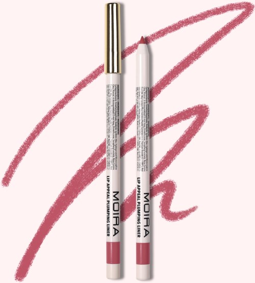 Two white lip liners with gold caps lie side by side on a pink background with a red swirled line.