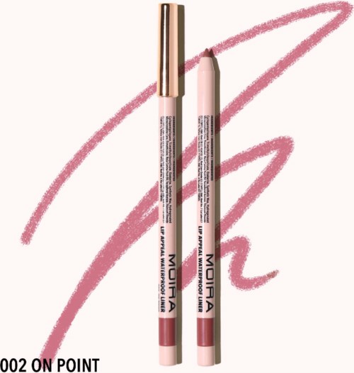 Twee roze lipliners, een met dop en een zonder, met roze krullen op de achtergrond.