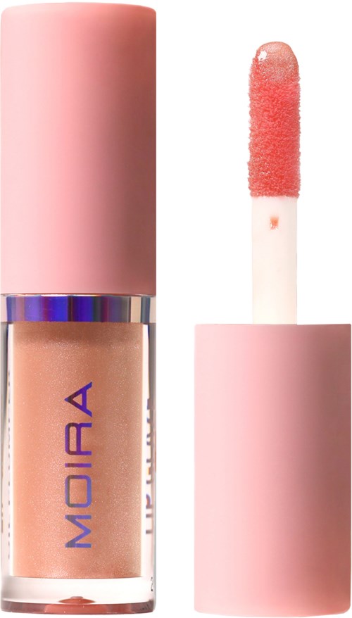 Ein beige Lippenstift mit rosa Deckel und einem sichtbaren Applikator mit pfirsichfarbenem Glanz.