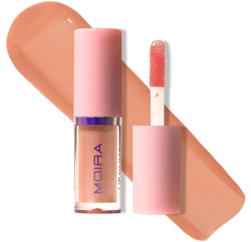 Flüssiger Lippenstift in rosa Tube mit Applikator, auf beige Lippenstiftfleck-Hintergrund.