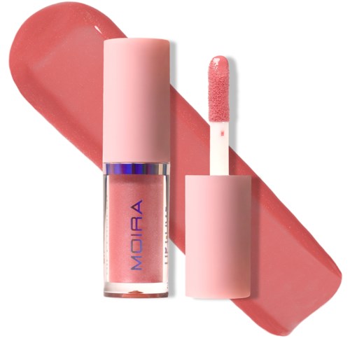 Pinkes Lippenstift mit Applikator und Lippenstiftfleck auf weißem Hintergrund.