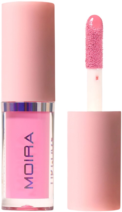 Roze lipgloss met zilveren bovenkant en applicator met roze gloss.