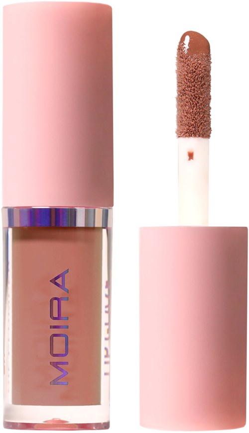 Lipglossflasche mit rosa Deckel und Applikator, zeigt braunen Glanz.