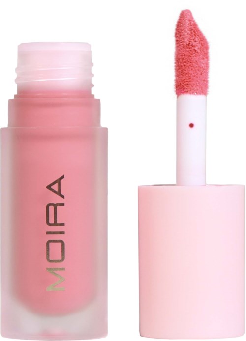 Pink lip gloss container with a fluffy applicator. The brand name Moira is on the container.