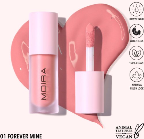 Lip gloss tube with applicator, pink color, heart-shaped gloss background, and icons for vegan, natural, and animal-free.