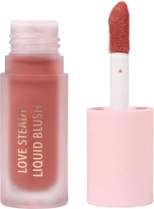 A pink drink with a foam applicator, labeled 'Love Steady Liquid Blush'.