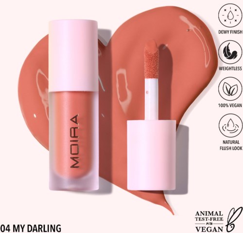 Lip gloss with a pink container and wand, surrounded by a drippy pink background. Features vegan, natural, and cruelty-free labels.