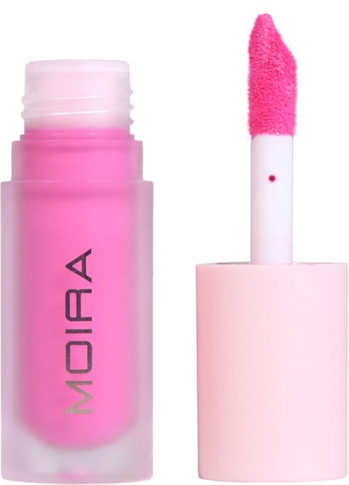 Pink lip gloss tube with a sponge applicator, the cap is off showing the gloss. The brand name 'MOIRA' appears on the bottle.