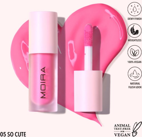 Pink lip gloss tube with applicator, set against pink lip gloss background, showing vegan and cruelty-free icons.