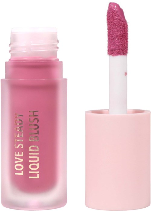 A pink lip gloss container with a wand applicator showing pink gloss inside.